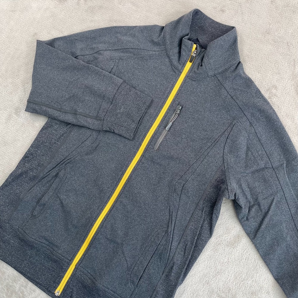 Lululemon Track Jacket Men Small Heather Grey Pockets Full Zip Yellow Zipper Run